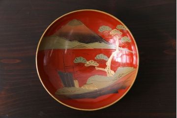 和製アンティーク　鉄錆蒔絵　赤富士の図　和モダンな蓋付椀(漆器)6客セット
