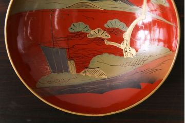 和製アンティーク　鉄錆蒔絵　赤富士の図　和モダンな蓋付椀(漆器)6客セット