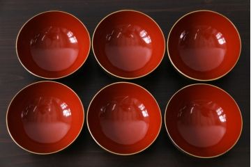 和製アンティーク　鉄錆蒔絵　赤富士の図　和モダンな蓋付椀(漆器)6客セット