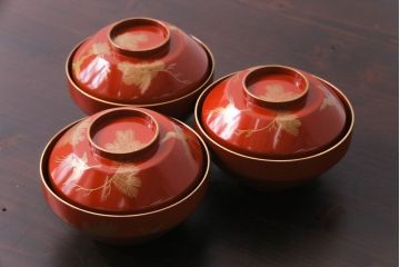 アンティーク　大正昭和初期　鳳凰　朱塗り木製碗3客セット(漆器)