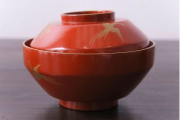 アンティーク　大正昭和初期　鳳凰　朱塗り木製碗3客セット(漆器)