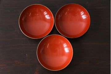 アンティーク　大正昭和初期　鳳凰　朱塗り木製碗3客セット(漆器)