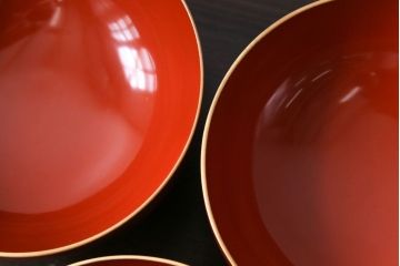 アンティーク　大正昭和初期　鳳凰　朱塗り木製碗3客セット(漆器)