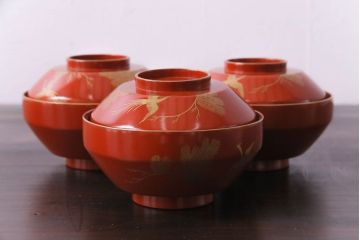 アンティーク　大正昭和初期　鳳凰　朱塗り木製碗3客セット(漆器)