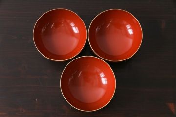 アンティーク　大正昭和初期　鳳凰　朱塗り木製碗3客セット(漆器)