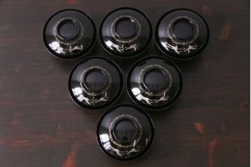 和製アンティーク　大正昭和初期　黒塗りに描かれた鶴が上品な木製碗6客セット(漆器)
