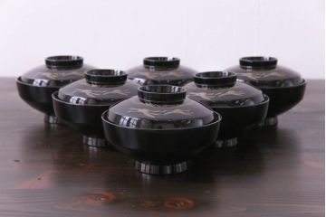 和製アンティーク　大正昭和初期　黒塗りに描かれた鶴が上品な木製碗6客セット(漆器)