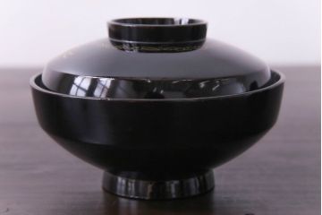 和製アンティーク　大正昭和初期　黒塗りに描かれた鶴が上品な木製碗6客セット(漆器)
