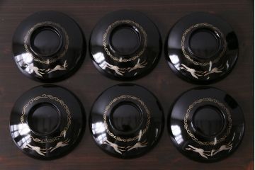 和製アンティーク　大正昭和初期　黒塗りに描かれた鶴が上品な木製碗6客セット(漆器)