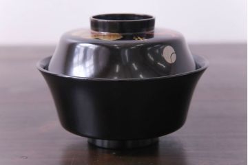 和製アンティーク　黒漆器　赤珊瑚が描かれた木製碗5客セット(漆器)