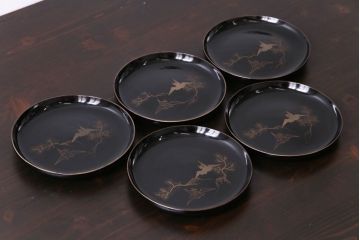 和製アンティーク　大正昭和初期　蒔絵　折鶴の図柄が可愛らしい木製皿5枚セット(漆器)(1)
