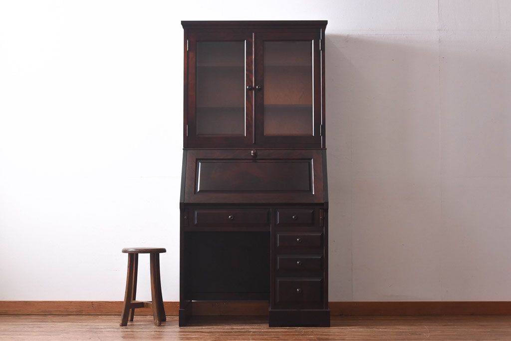 中古　北海道民芸家具　上品な雰囲気漂うビューローブックケース(ライティングビューロー、机、本箱、収納棚)(定価約49万円)(2)ア、椅子)(1)