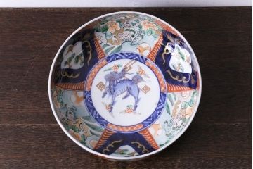 明治期　麒麟・獅子の図　色絵深鉢・小(深皿、和食器)