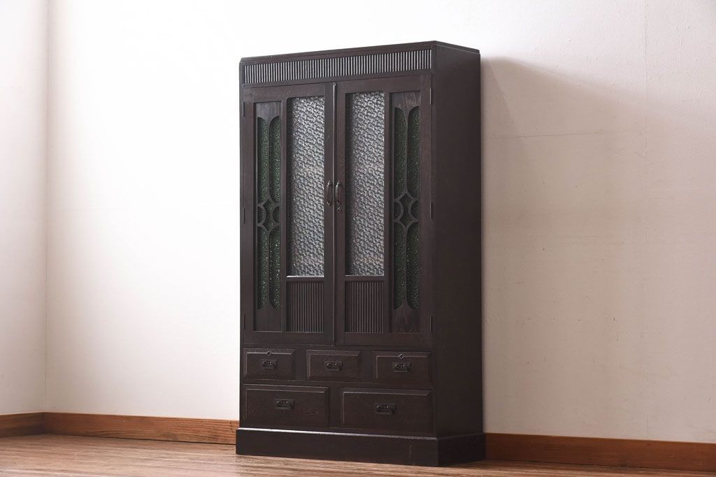 アンティーク家具　当時ものガラス入り　大正ロマンな味わいが魅力のブックケース(本箱、収納棚)