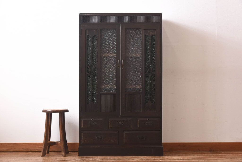 アンティーク家具　当時ものガラス入り　大正ロマンな味わいが魅力のブックケース(本箱、収納棚)