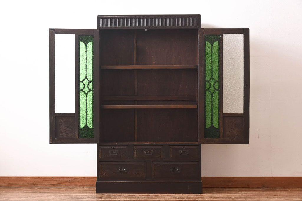アンティーク家具　当時ものガラス入り　大正ロマンな味わいが魅力のブックケース(本箱、収納棚)