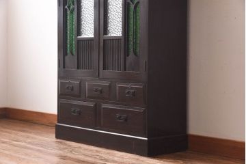 アンティーク家具　当時ものガラス入り　大正ロマンな味わいが魅力のブックケース(本箱、収納棚)