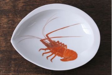 十二代　酒井田柿右衛門　濁手　錦海老画鮑形皿　共箱(和食器)