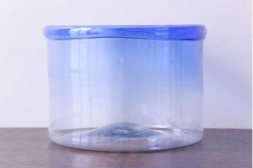 アンティーク雑貨　大正昭和初期　青いラインが魅力の吹きガラス金魚鉢