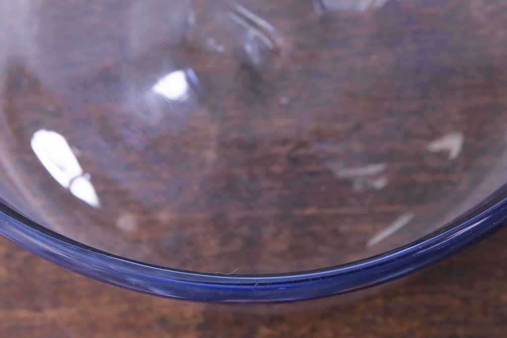 アンティーク雑貨　大正昭和初期　青いラインが魅力の吹きガラス金魚鉢