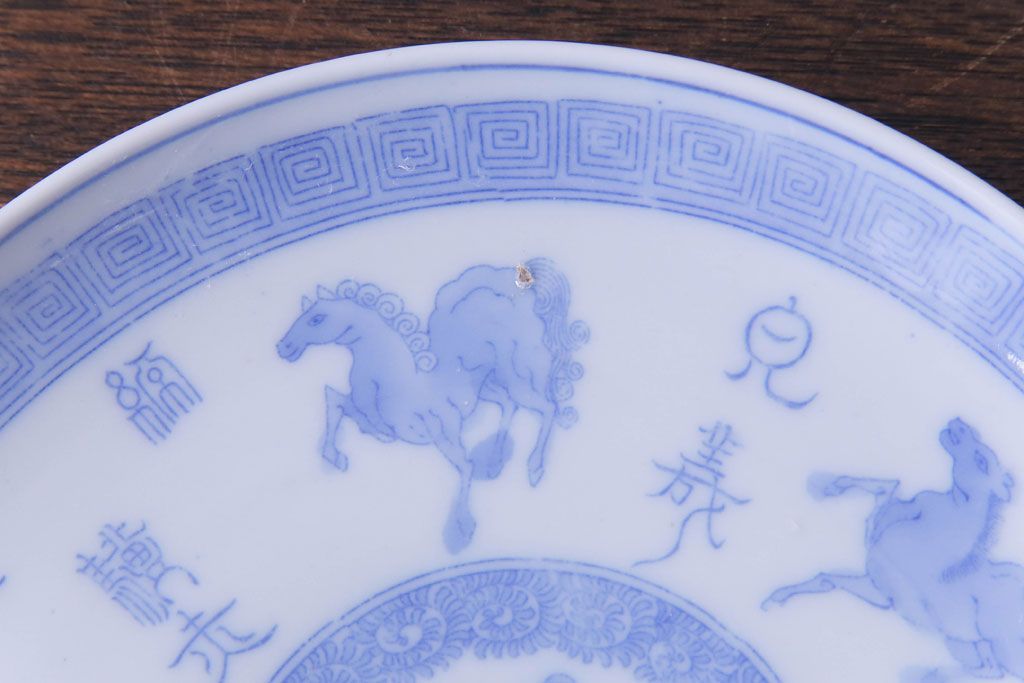 和製アンティーク　大正昭和初期　馬の図　印判皿(6寸皿、中皿)3枚セット