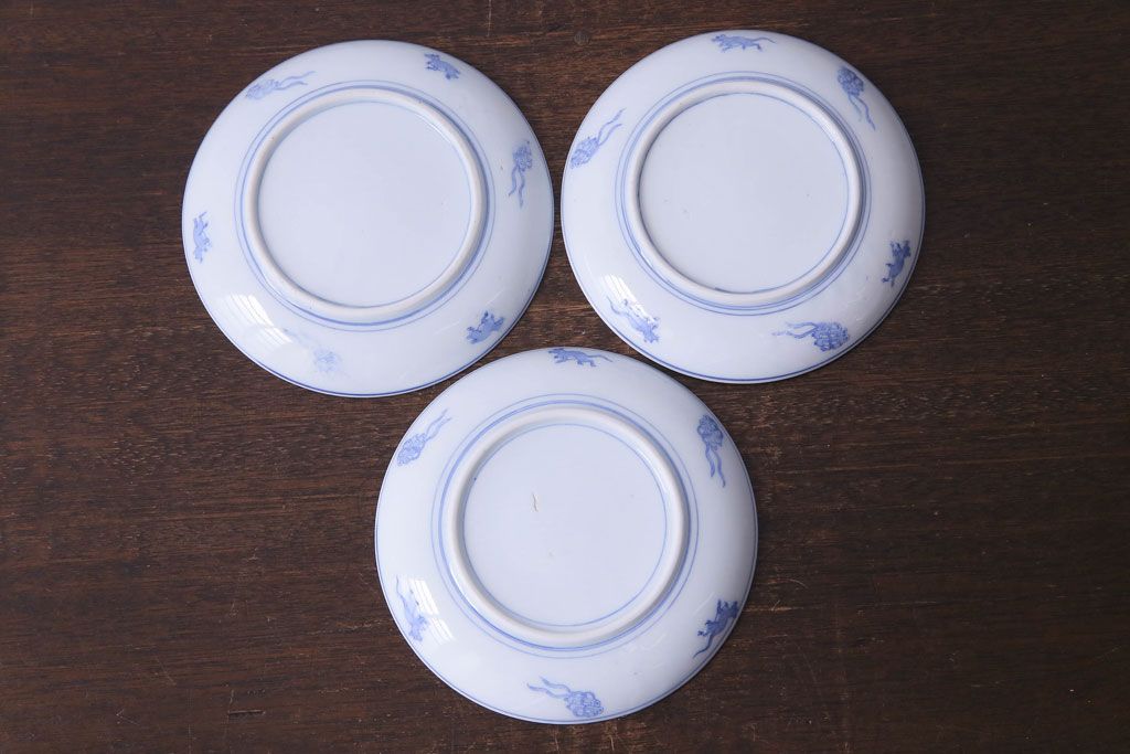 和製アンティーク　大正昭和初期　馬の図　印判皿(6寸皿、中皿)3枚セット