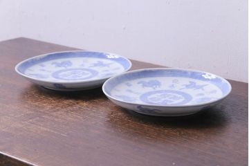 アンティーク雑貨　骨董　馬図　大正昭和初期の古い中皿(6寸皿、印判皿)2枚セット(2)