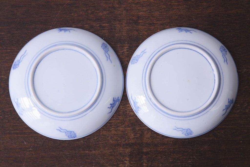 アンティーク雑貨　骨董　馬図　大正昭和初期の古い中皿(6寸皿、印判皿)2枚セット(2)