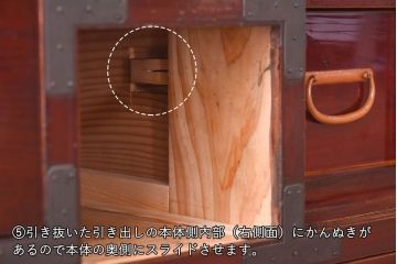 アンティーク家具　和製アンティーク　前面ケヤキ材　銅金具が印象的なからくり付き大川箪笥サイドボード(時代箪笥・キャビネット)