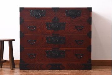 中古　仙台民芸箪笥(仙台箪笥)　欅産業　拭き漆塗り　三・五尺箪笥90(整理箪笥、衣装箪笥、引き出し)(定価約39万円)