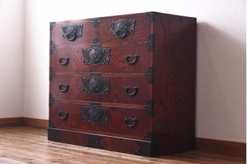 中古　仙台民芸箪笥(仙台箪笥)　欅産業　拭き漆塗り　三・五尺箪笥90(整理箪笥、衣装箪笥、引き出し)(定価約39万円)