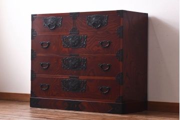中古　仙台民芸箪笥(仙台箪笥)　欅産業　拭き漆塗り　三・五尺箪笥90(整理箪笥、衣装箪笥、引き出し)(定価約39万円)