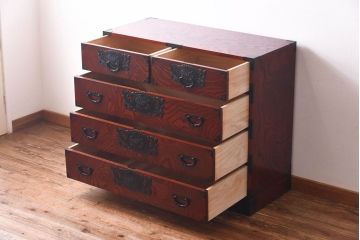 中古　仙台民芸箪笥(仙台箪笥)　欅産業　拭き漆塗り　三・五尺箪笥90(整理箪笥、衣装箪笥、引き出し)(定価約39万円)