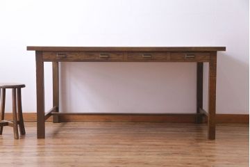 昭和レトロ　ホワイトオーク無垢材　素朴な佇まいが魅力のリメイク作業テーブル(ダイニングテーブル、作業台)