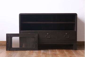 レトロ家具　昭和レトロ　リメイク　脚付き　古い桐材とモールガラスの味わいが魅力的な箪笥ローボード(リビングボード、戸棚、収納棚、桐箪笥、桐たんす)