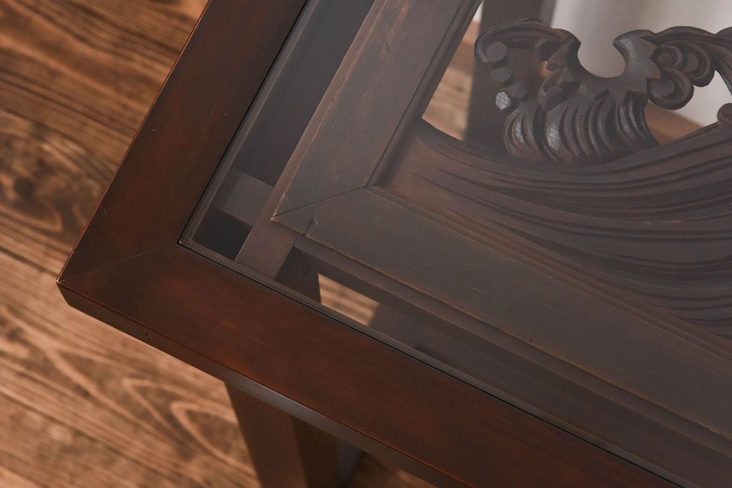 リメイク品 躍動感のある彫りが美しい欄間のガラステーブル(サイドテーブル、コンソールテーブル)