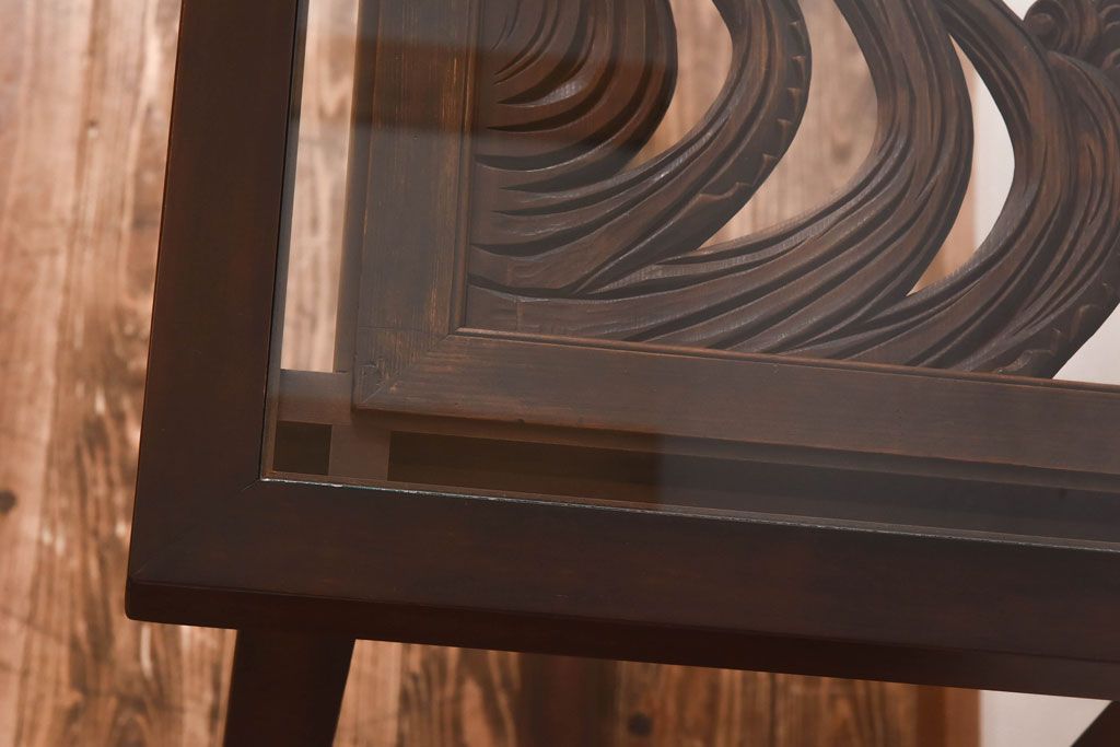 リメイク品 躍動感のある彫りが美しい欄間のガラステーブル(サイドテーブル、コンソールテーブル)