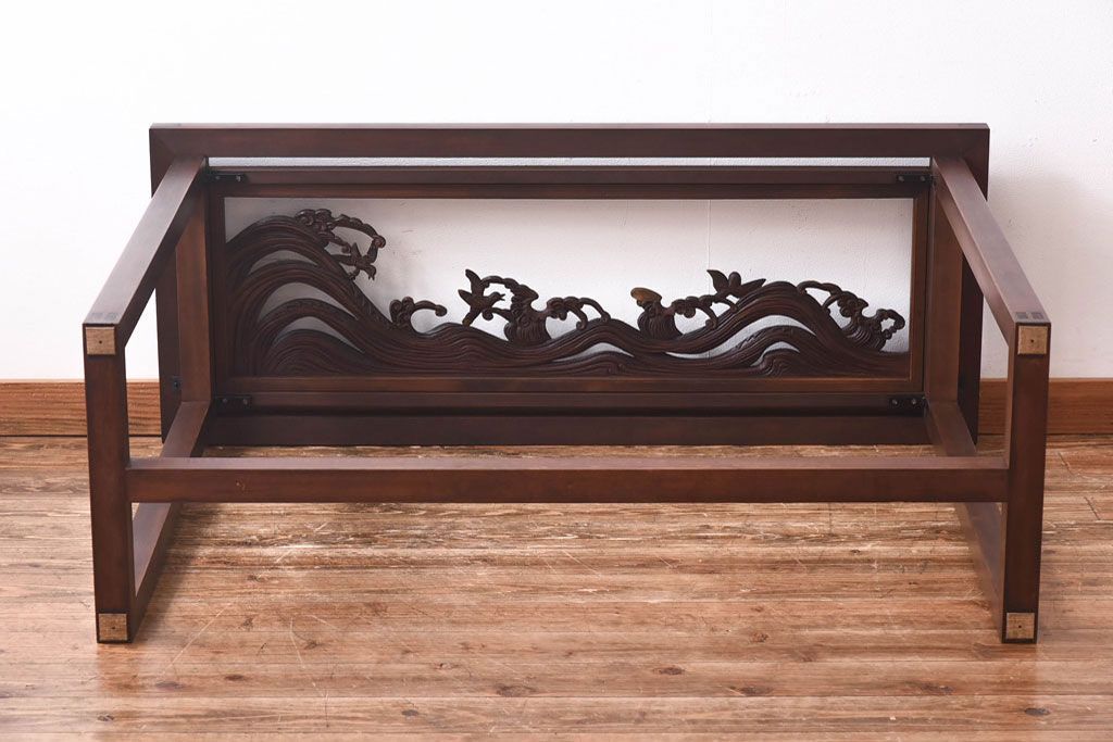 リメイク品 躍動感のある彫りが美しい欄間のガラステーブル(サイドテーブル、コンソールテーブル)