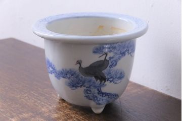 アンティーク雑貨　和製アンティーク　松に鶴(鶴松)　渋さのある小振りな盆栽鉢(植木鉢)