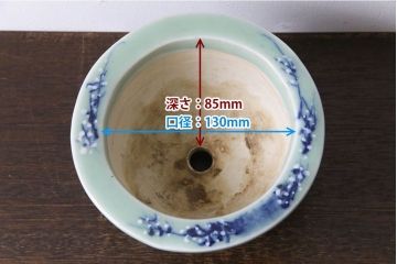 アンティーク雑貨　和製アンティーク　梅の図　渋さのある青磁盆栽鉢(植木鉢)