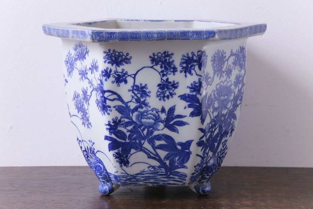 アンティーク雑貨　和製アンティーク　様々な草花が描かれた上品な六角植木鉢