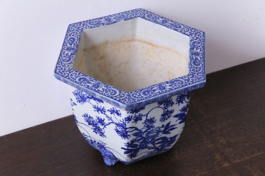 アンティーク雑貨　和製アンティーク　様々な草花が描かれた上品な六角植木鉢