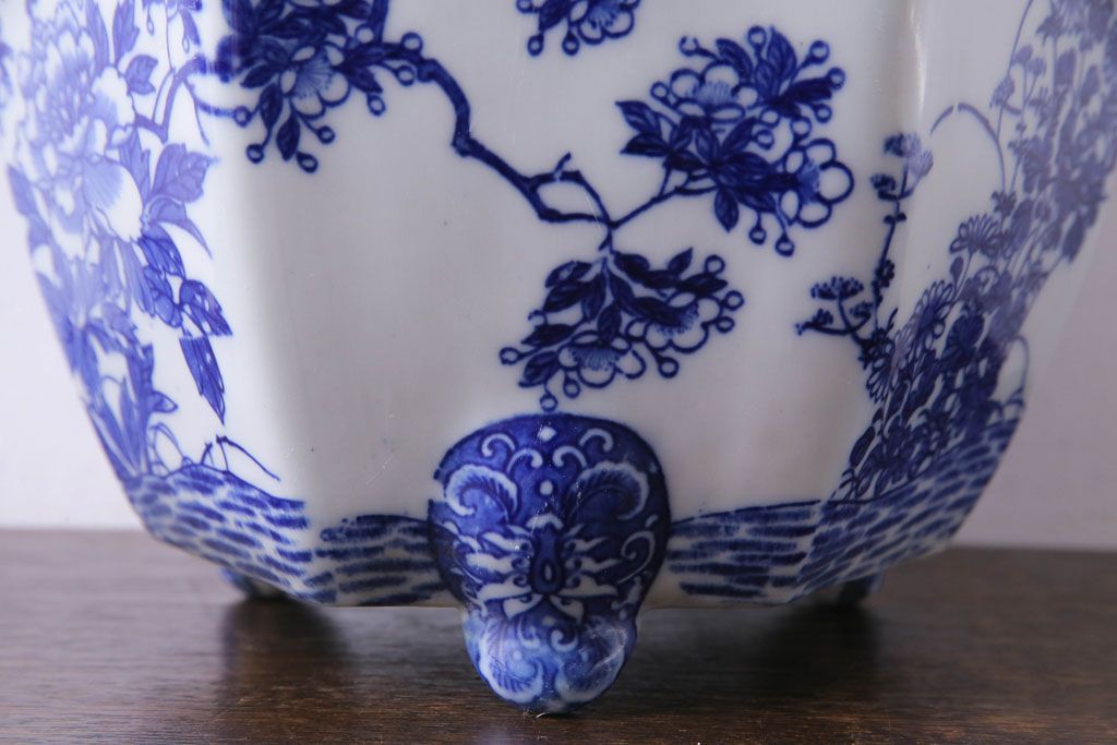 アンティーク雑貨　和製アンティーク　様々な草花が描かれた上品な六角植木鉢
