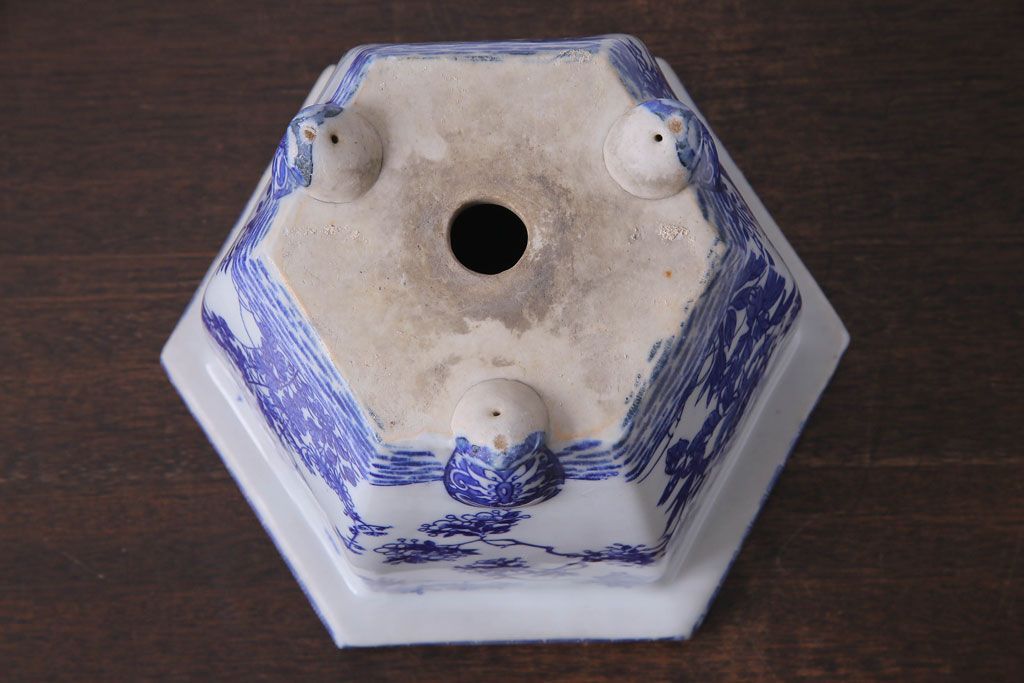 アンティーク雑貨　和製アンティーク　様々な草花が描かれた上品な六角植木鉢