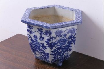 アンティーク雑貨　和製アンティーク　様々な草花が描かれた上品な六角植木鉢