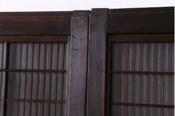 和製アンティーク　板ガラス裏障子留め　細身の桟が美しいガラス入り格子戸(ガラス帯戸、引き戸、建具)2枚組