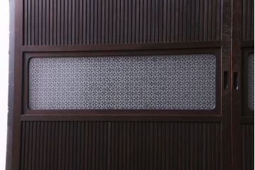 和製アンティーク　板ガラス裏障子留め　細身の桟が美しいオリジナル花ガラス入り格子戸(ガラス帯戸、引き戸、建具)2枚組