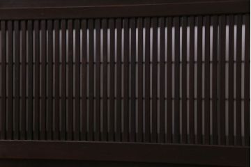 和製アンティーク　板ガラス裏障子留め　細身の桟が美しいオリジナル花ガラス入り格子戸(ガラス帯戸、引き戸、建具)2枚組
