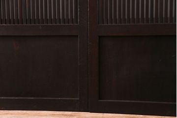 和製アンティーク　板ガラス裏障子留め　細身の桟が美しいオリジナル花ガラス入り格子戸(ガラス帯戸、引き戸、建具)2枚組