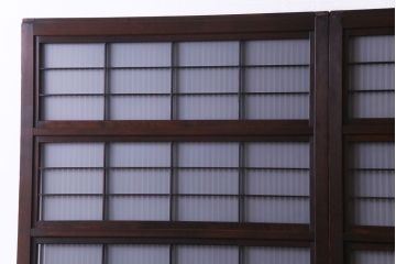 和製アンティーク　板ガラス裏障子留め　細身の桟が美しいオリジナル花ガラス入り格子戸(ガラス帯戸、引き戸、建具)2枚組